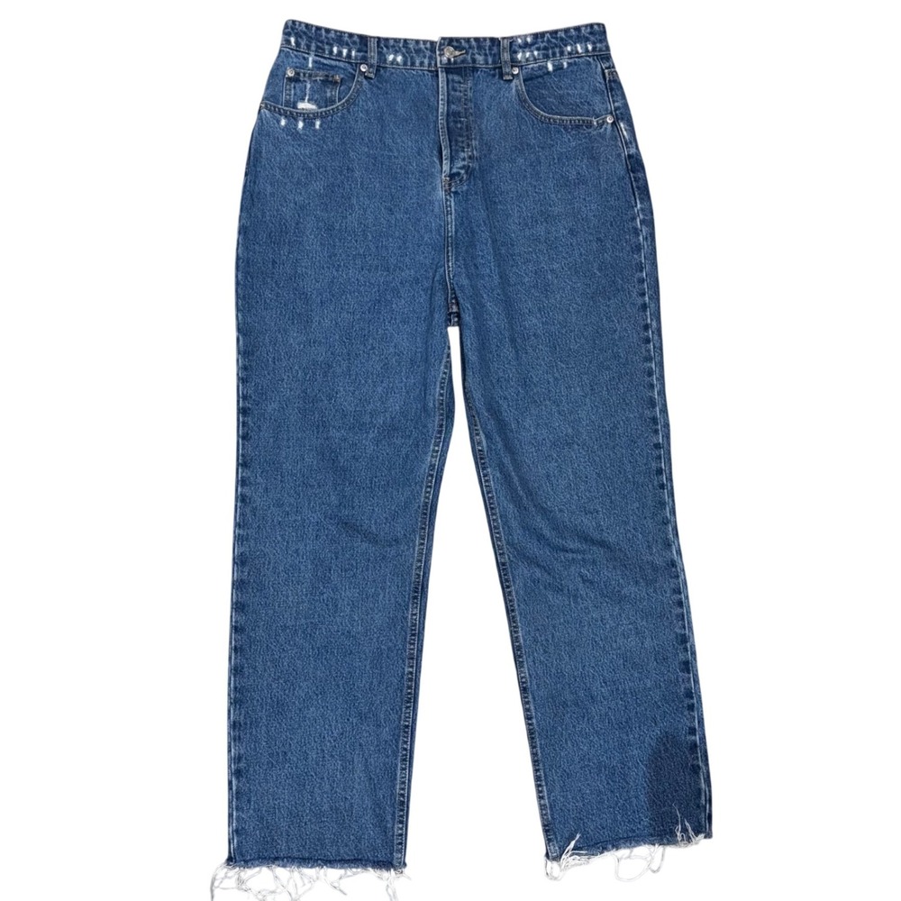 MESHKI Distressed High Rise Straight Leg Jeans Women's Denim Full Button Accents
